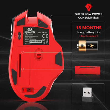 Redragon M690-1 Wireless Gaming Mouse - Black, 8 Buttons (2 Side Buttons), 2400 DPI with DPI Shifting, Ergonomic Design, PC Accessories, Computer Peripherals, Cool Gifts for Guys, Boy Gifts, Gamer Stuff