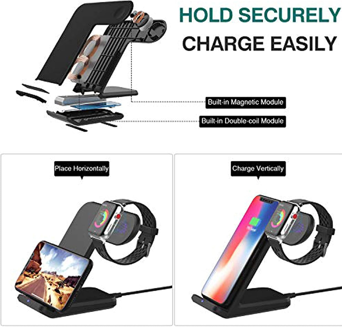 Wireless Charger,2 in 1 Wireless Charging Dock with Iwatch Stand for Iwatch 6/SE/ 5/4/3/2, 7.5W Qi Fast Charger for Iphone 11/11 Pro Max/Xr/Xs Max/Xs/X/8/8P/Galaxy Note 10/S10/S9 (AC Adapter) (Black)