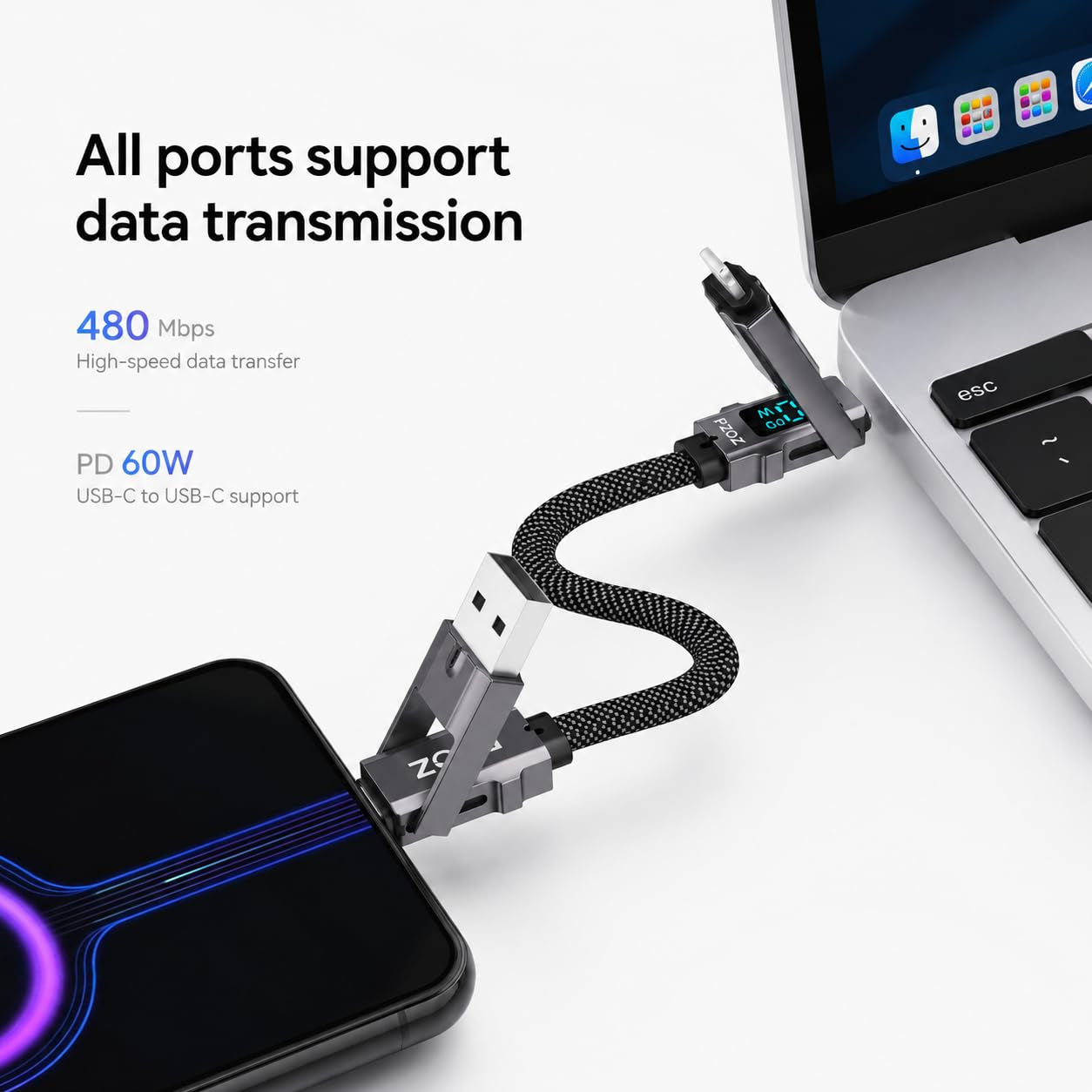 4-In-1 Keychain Charging Cable, 60W Fast Charging USB C Cable with LED Display, USB A/C to USB C & Lightning, Portable Short Charger Cord for Iphone 16/15, Ipad, Macbook, Samsung (60W, 7.3 Inchs)