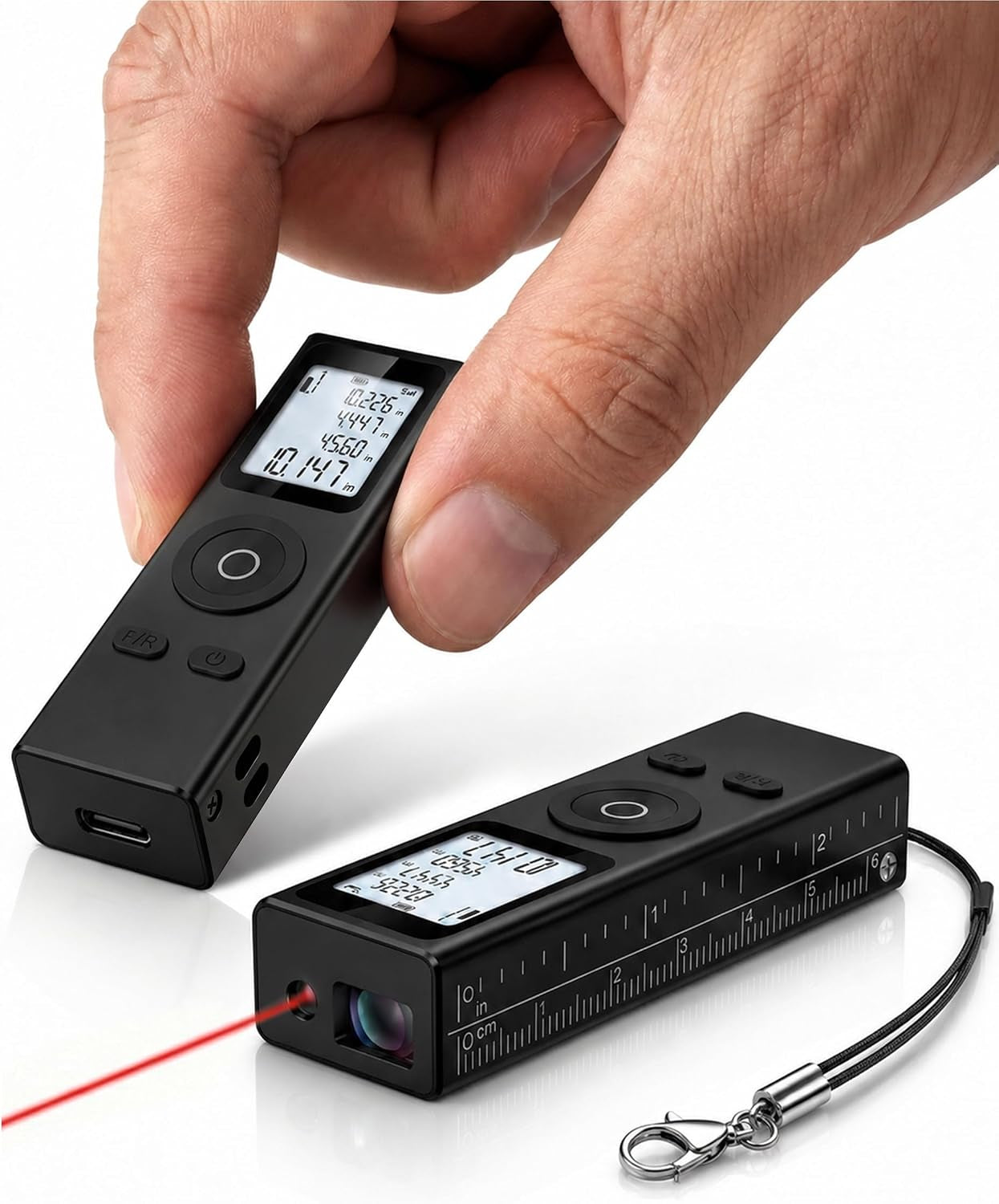 Ray Mini Laser Measuring Tool, Pocket Size Laser Tape Measure | 2.7In 1Oz, Keychain Digital Tape Measure, ±2Mm 100Ft Range, IN/FT/M, No App, Metal Body, Backlit Display, USB-C, Great Gift