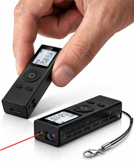 Ray Mini Laser Measuring Tool, Pocket Size Laser Tape Measure | 2.7In 1Oz, Keychain Digital Tape Measure, ±2Mm 100Ft Range, IN/FT/M, No App, Metal Body, Backlit Display, USB-C, Great Gift