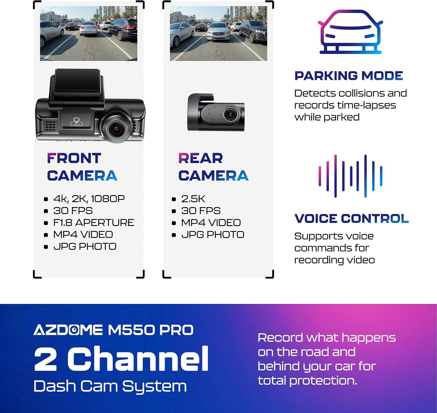 M550 Pro 2CH Dash Cam 4K with 3.19'' Screen IR Night Vision 24H Parking Mode - Dual-Channel Dash Cam with 3.19-Inch IPS Screen - Integrated GPS - Built-In 5G Wifi - 24H Parking Monitor