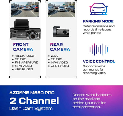 M550 Pro 2CH Dash Cam 4K with 3.19'' Screen IR Night Vision 24H Parking Mode - Dual-Channel Dash Cam with 3.19-Inch IPS Screen - Integrated GPS - Built-In 5G Wifi - 24H Parking Monitor