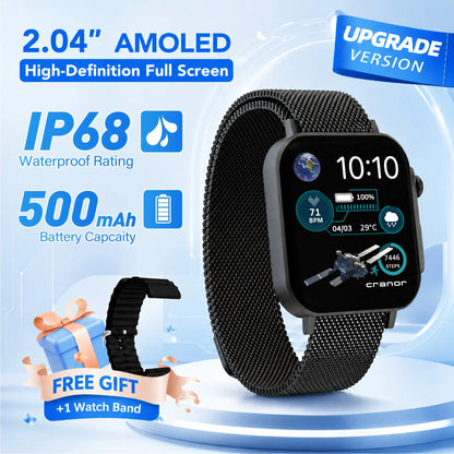 2.04" AMOLED Smart Watch – IP68 Waterproof, Bluetooth Calling, Fitness Tracker + Free Magnetic Mesh Steel Band