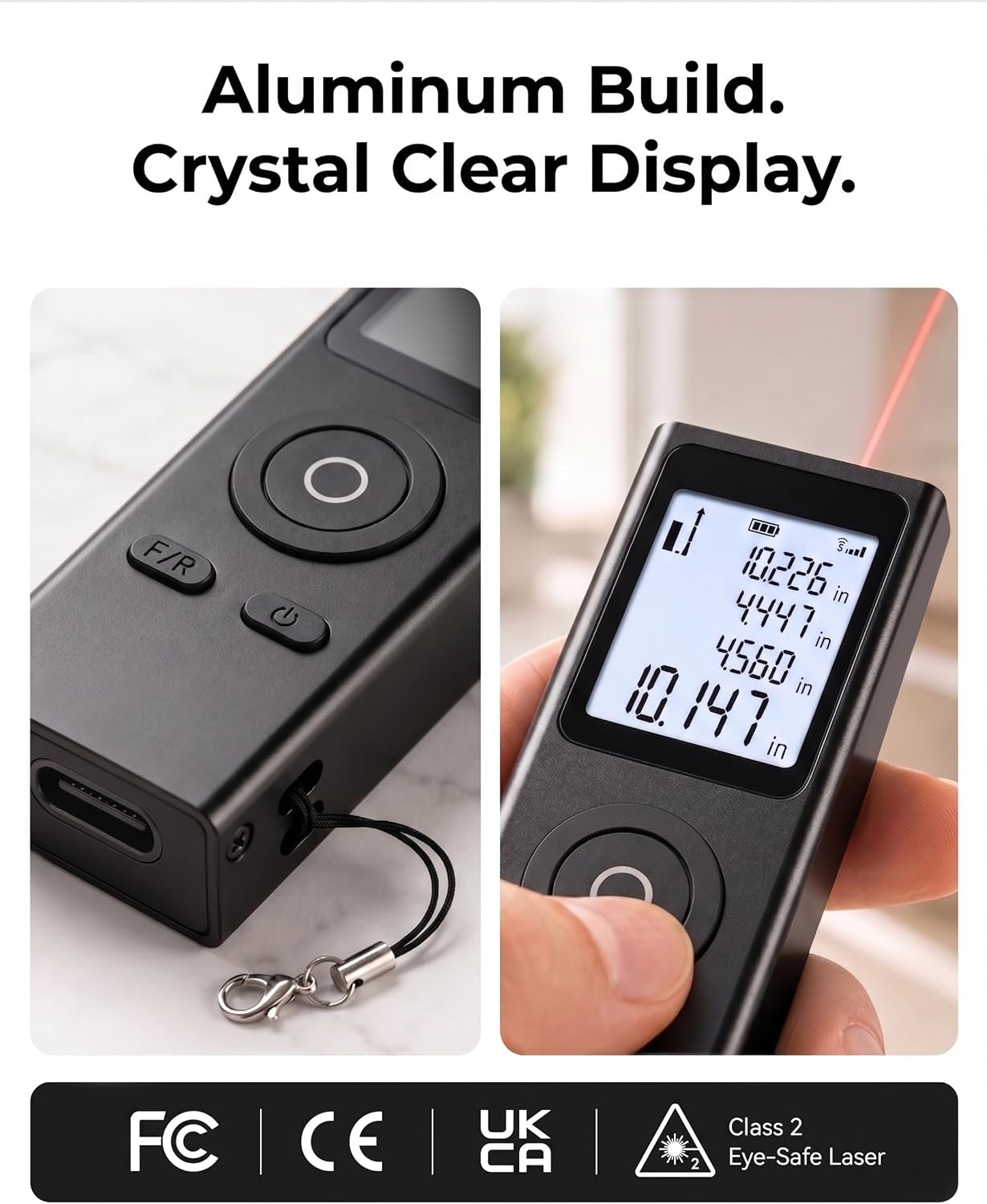 Ray Mini Laser Measuring Tool, Pocket Size Laser Tape Measure | 2.7In 1Oz, Keychain Digital Tape Measure, ±2Mm 100Ft Range, IN/FT/M, No App, Metal Body, Backlit Display, USB-C, Great Gift
