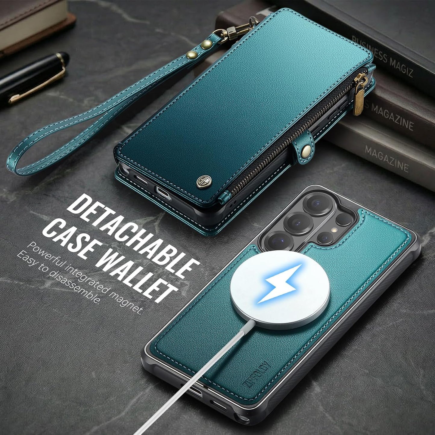 For Galaxy S26 Ultra - Phone Case Wallet Magnetic, Turquoise | Detached for Magsafe, RFID Blocking Card Holder, Zipper, Wrist Strap, for Women Men, PU Leather, for Samsung Galaxy S26 Ultra