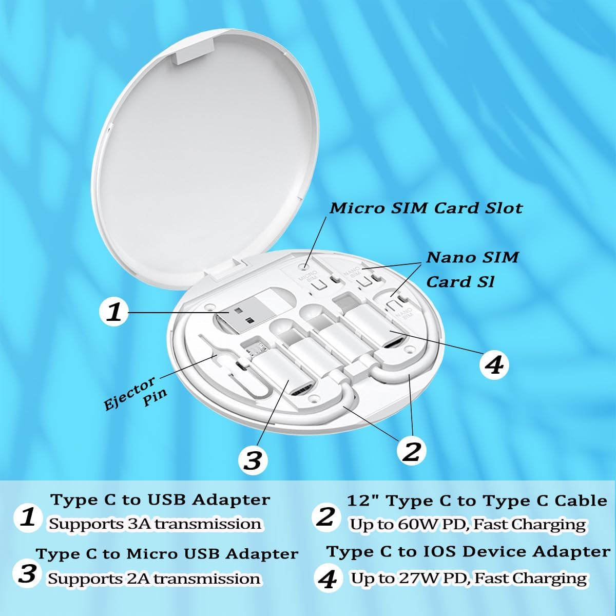 Multi USB Charging Adapter Cable Kit, USB C to Ios Device for Travel, Conversion Set USB a & Type C to Male Micro /Type C/Ios Device, Data Transfer, Card Storage, Tray Eject Pin, Phone Holder (White)
