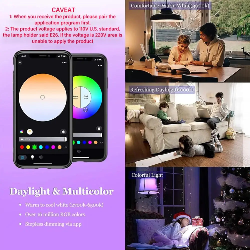 Smart Wifi LED Bulb, APP Control & Voice Control Dimmable RGBCW Smart Home Lighting, Color Changing Bluetooth-Compatible LED Bulb for Bedroom