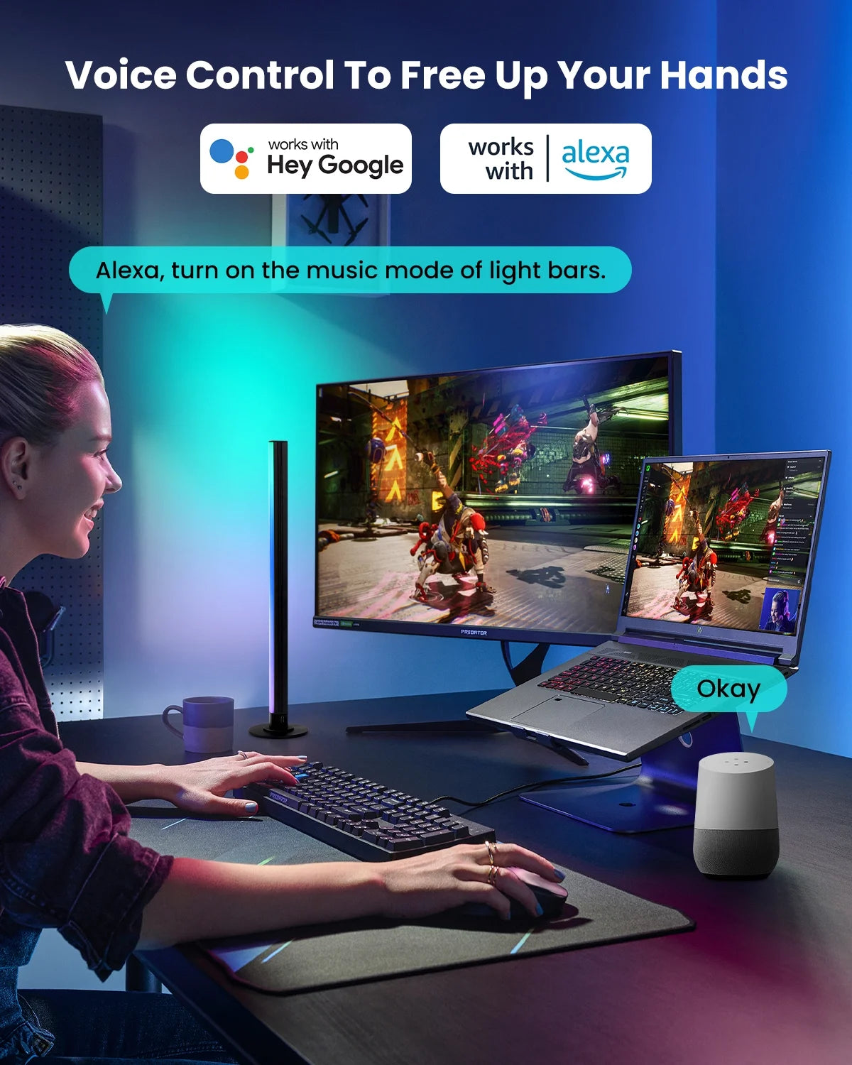 Smart LED Light Bars 2 Pack, 15" Portable TV Monitor Backlight, Gaming Ambient Lighting, RGBIC Color-Changing Mood Light, App & Voice Control, 44 Scene Modes, Music Sync, 16 Million Colors