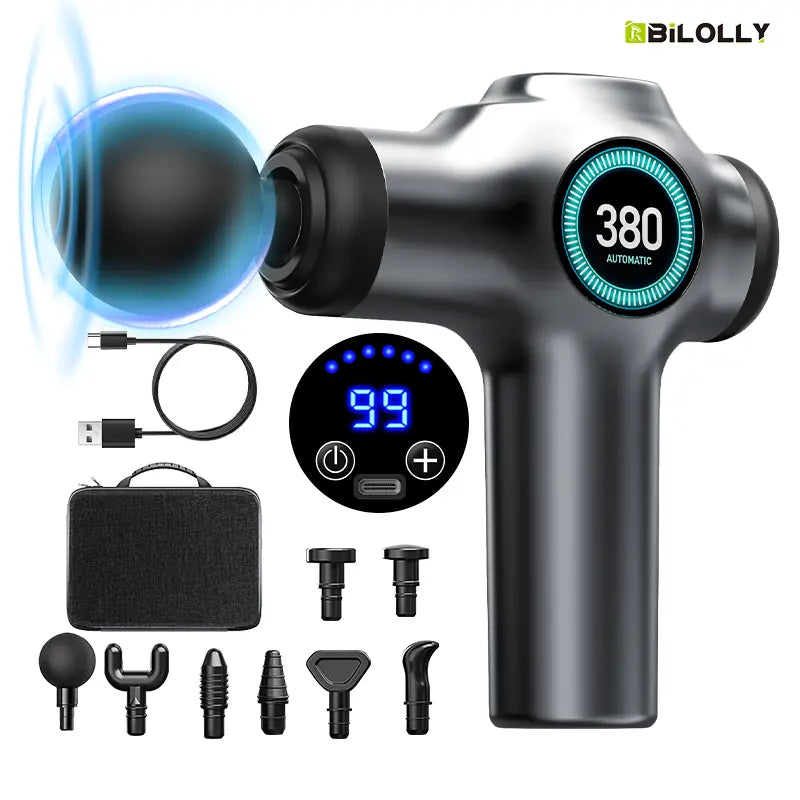 Bilolly Massage Gun, Deep Tissue Massage Gun, Impact Back Massage Gun, Portable Mini Muscle Massage Gun, Suitable for Exercised Muscles, Relieves Pain, Equipped with 8 Massage Heads and 99 Adjustable Speeds.