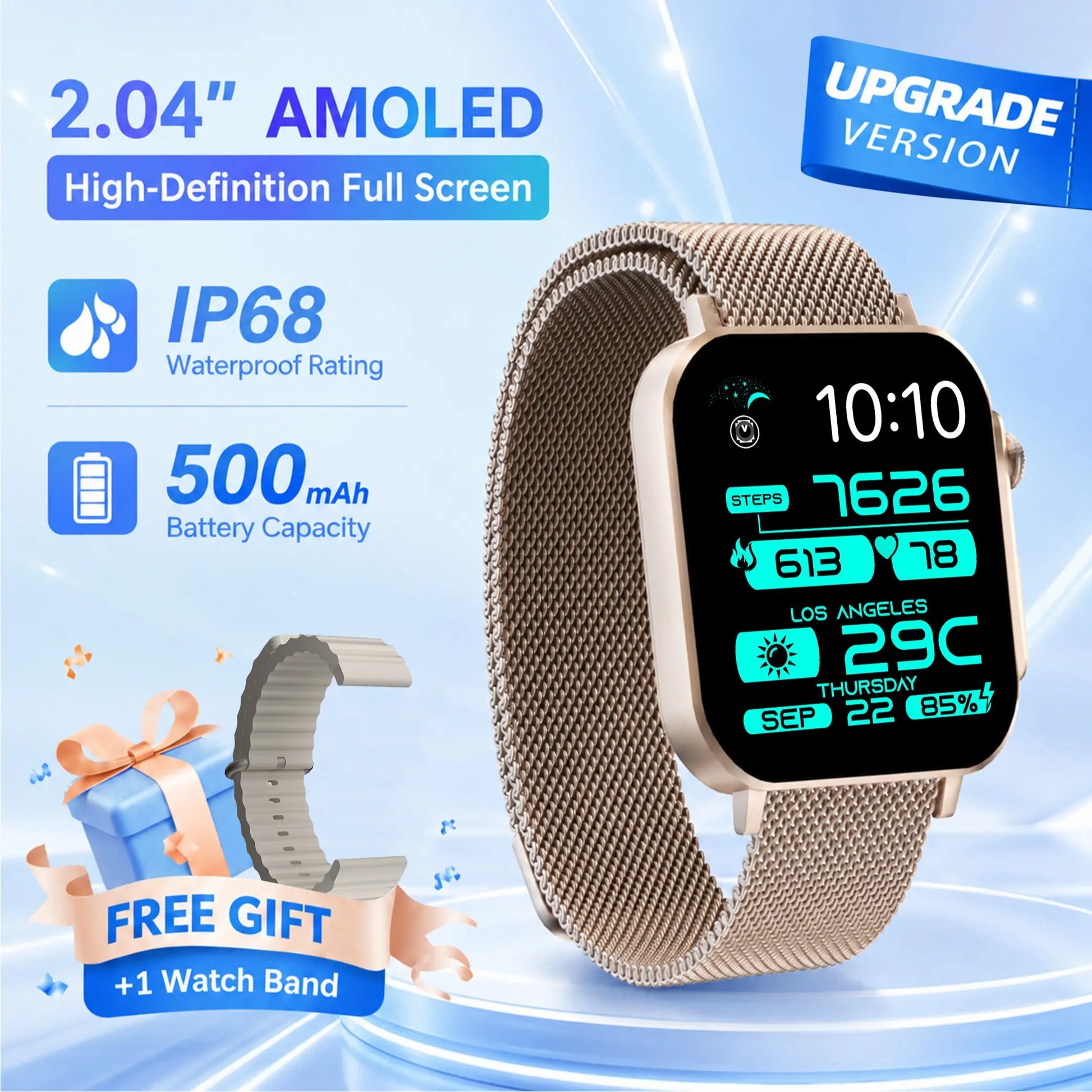 2.04" AMOLED Smart Watch – IP68 Waterproof, Bluetooth Calling, Fitness Tracker + Free Magnetic Mesh Steel Band