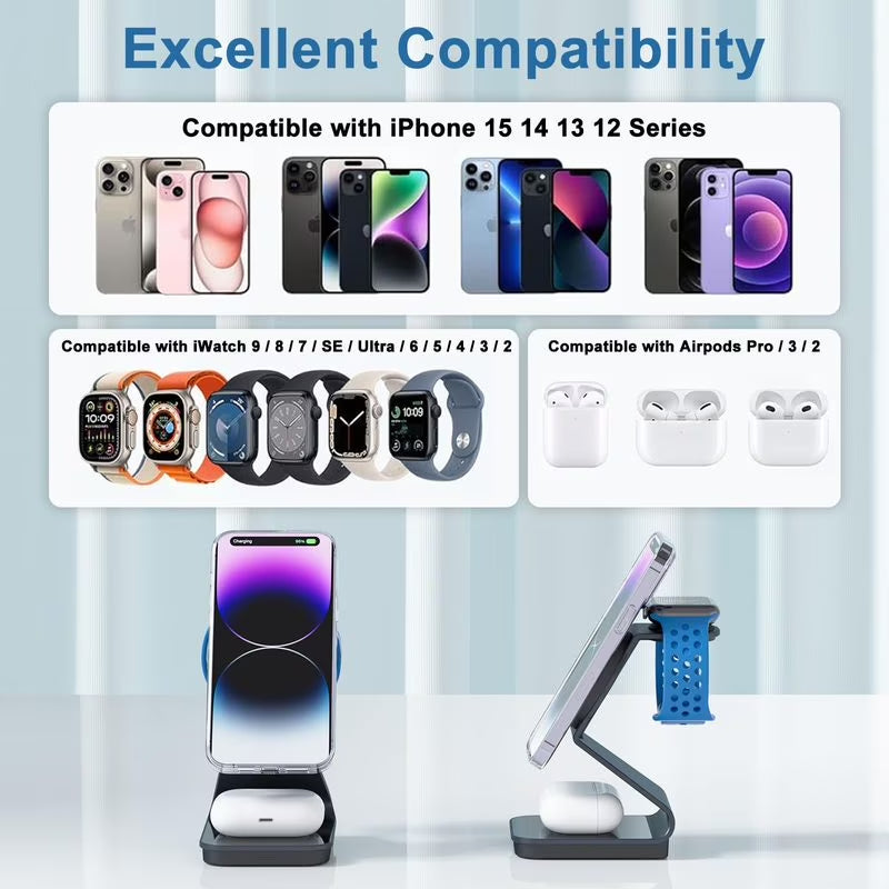 3 in 1 Wireless Charging Station Magnetic Aluminum Alloy Wireless Charger for Iphone 14/13/12 Series Fast Charging Stand