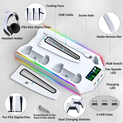 Cooling Station for Ps5/Slim Disc Digital Console,Ps5 Cooling Fan with Dual PS5 Controller Charger,3 Level Fan,For Playstation 5 Console Accessories White