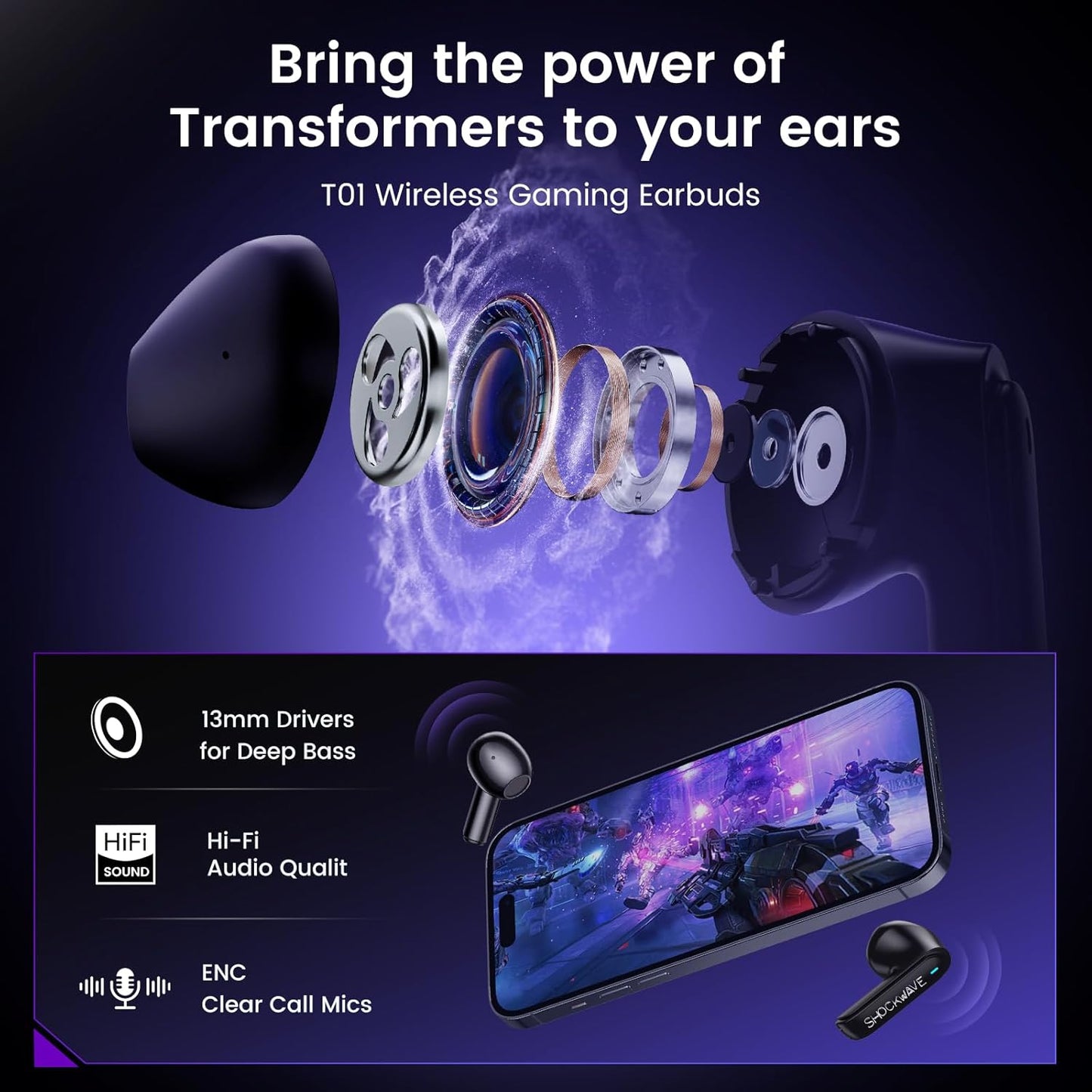 Transformers Megatron Official Bluetooth 5.4 Headphones, Wireless Earbuds with ENC Noise Cancelling Mic | Durable Alloy Earbud Case | Immersive Soundfor Gaming & Commute | Black