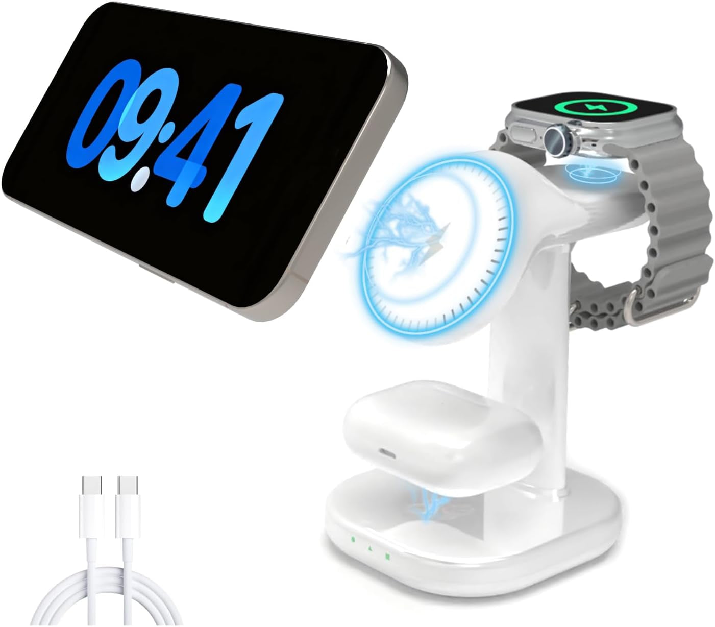 3 in 1 Wireless Charging Station for Magsafe Charger Stand,Magnetic Phone Charger for Iphone,For Apple Watch,For Airpods,For Magsafe Charging Station (White)