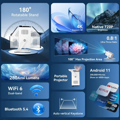 Portable Mini Projector 4K Wifi6 BT5.4 Android 11 Native 720P Projector 280Ansi Video Smart Home Theater Beamer Cinema
