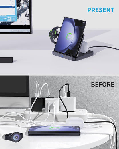 3 in 1 Foldable Wireless Charging Station for Galaxy Z Fold &Z Flip | 3-In-1 Foldable Fast Charging Dock Compatible with Galaxy Z Fold 7,6,5,4, Flip6,5,Watch6,6 Classic,Galaxy Buds 2,Pro,Live