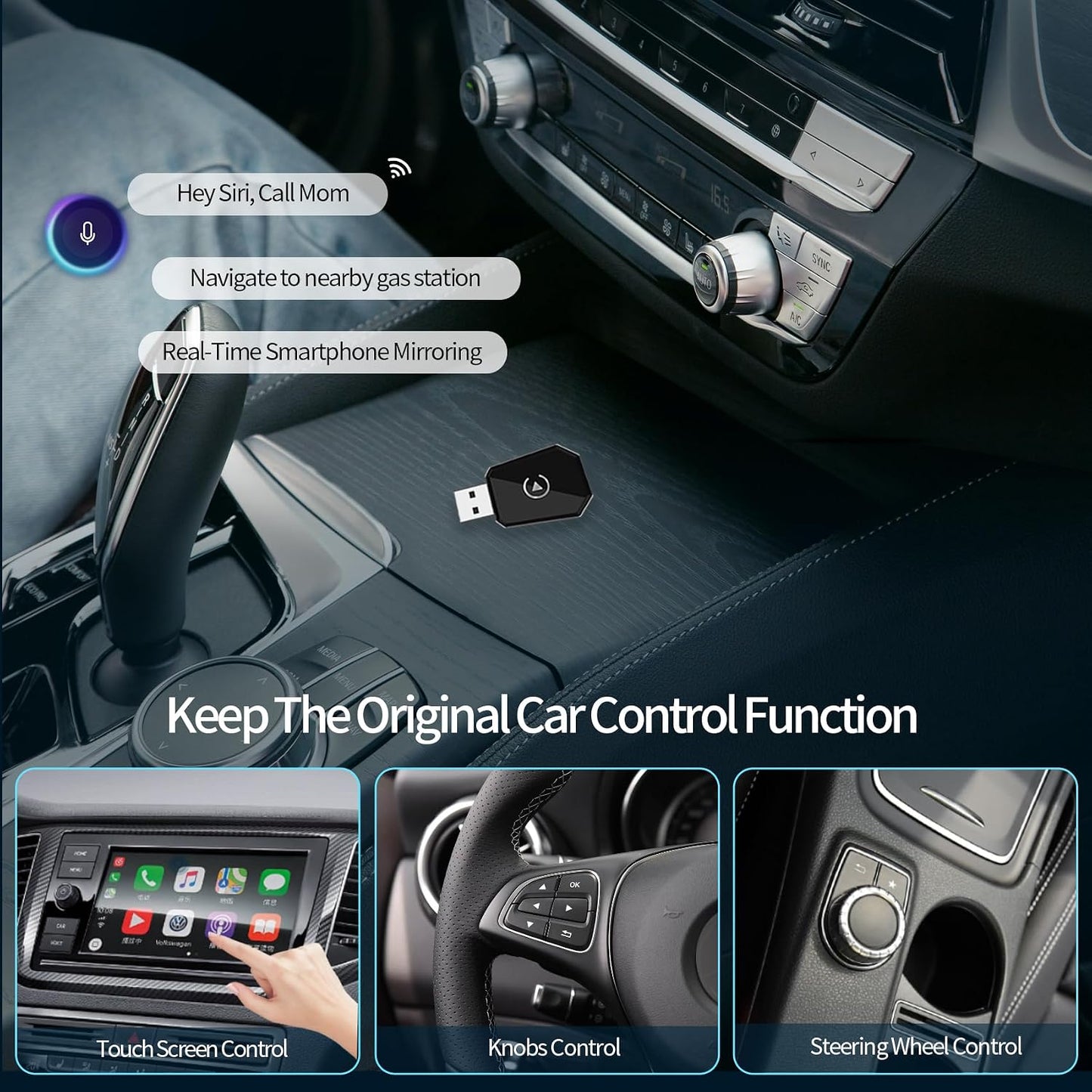 Wireless Carplay Adapter, Android Auto Adapter Plug and Play 2025 Carplay, Convert Wired to Wireless Supports Car Original Control, Mini Car Play Box for Cars