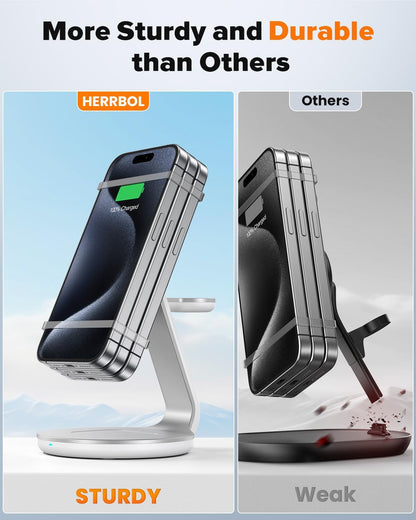 HERRBOLAI 3 in 1 Charging Station Compatible with Magsafe Charger | Wireless Charger Stand for Iphone 17 16 15 14 13 12 Wireless Charging Station for Airpods Wireless Charger for Iwatch Series