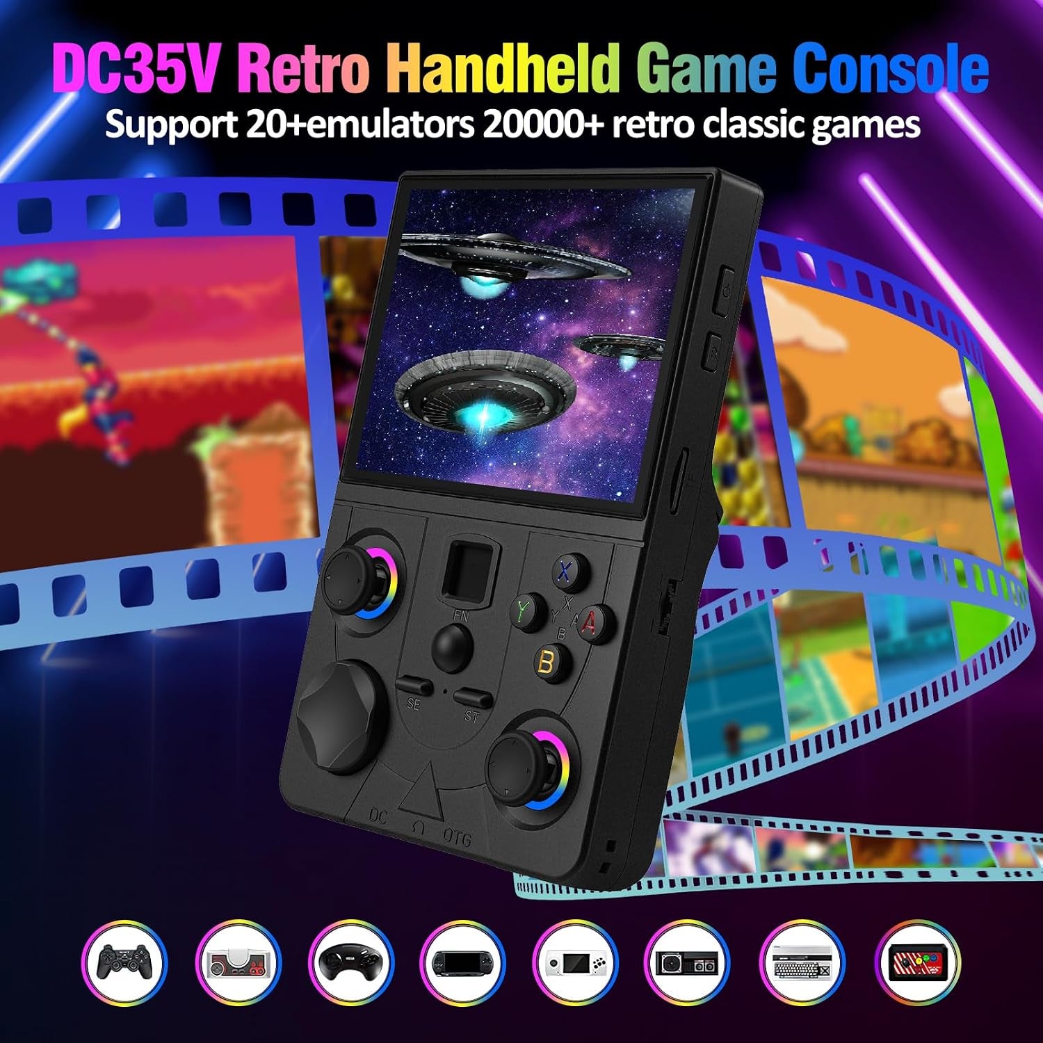 DC35V Retro Handheld Game Console, 3.5 Inch HD IPS Screen (Black)