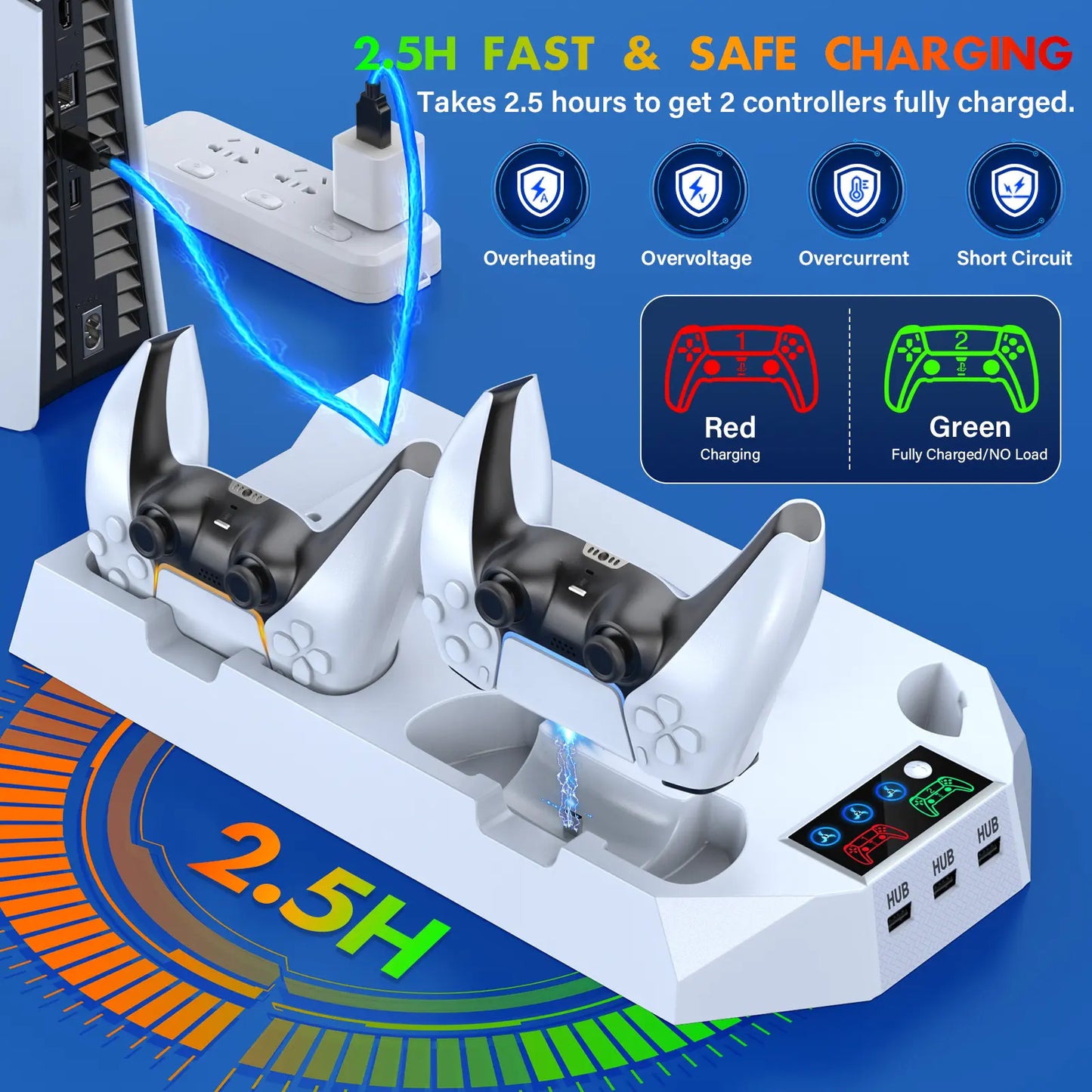 Cooling Station for Ps5/Slim Disc Digital Console,Ps5 Cooling Fan with Dual PS5 Controller Charger,3 Level Fan,For Playstation 5 Console Accessories White