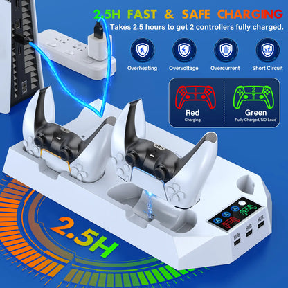 Cooling Station for Ps5/Slim Disc Digital Console,Ps5 Cooling Fan with Dual PS5 Controller Charger,3 Level Fan,For Playstation 5 Console Accessories White