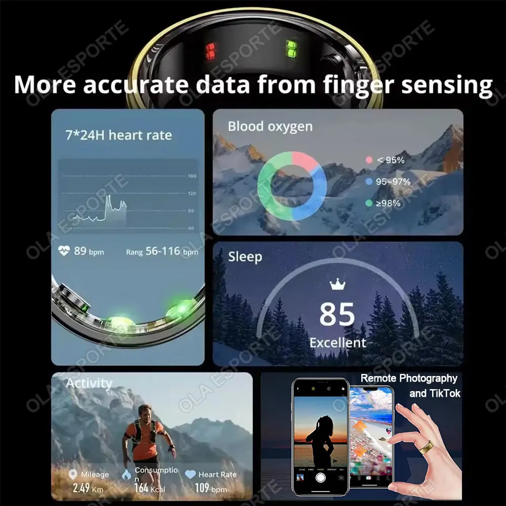 Men Women Smart Health Ring, IP68 Waterproof Heart Rate Blood Pressure Sleep Tracker