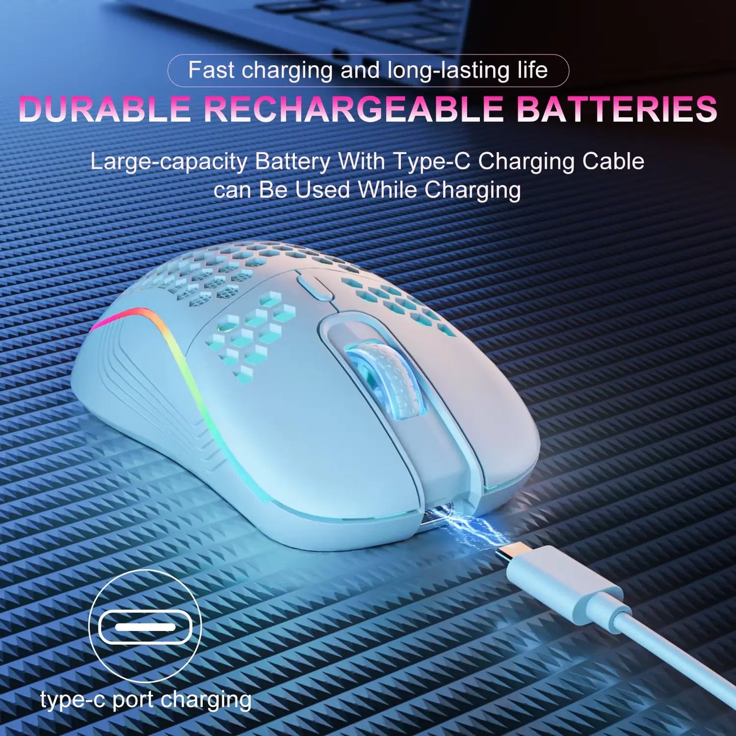 2.4G Wireless Mouse with RGB Backlit 6-Button 3-Speed DPI Type C Rechargeable Ergonomic Honeycomb Design Gaming Mouse SZKOSTON