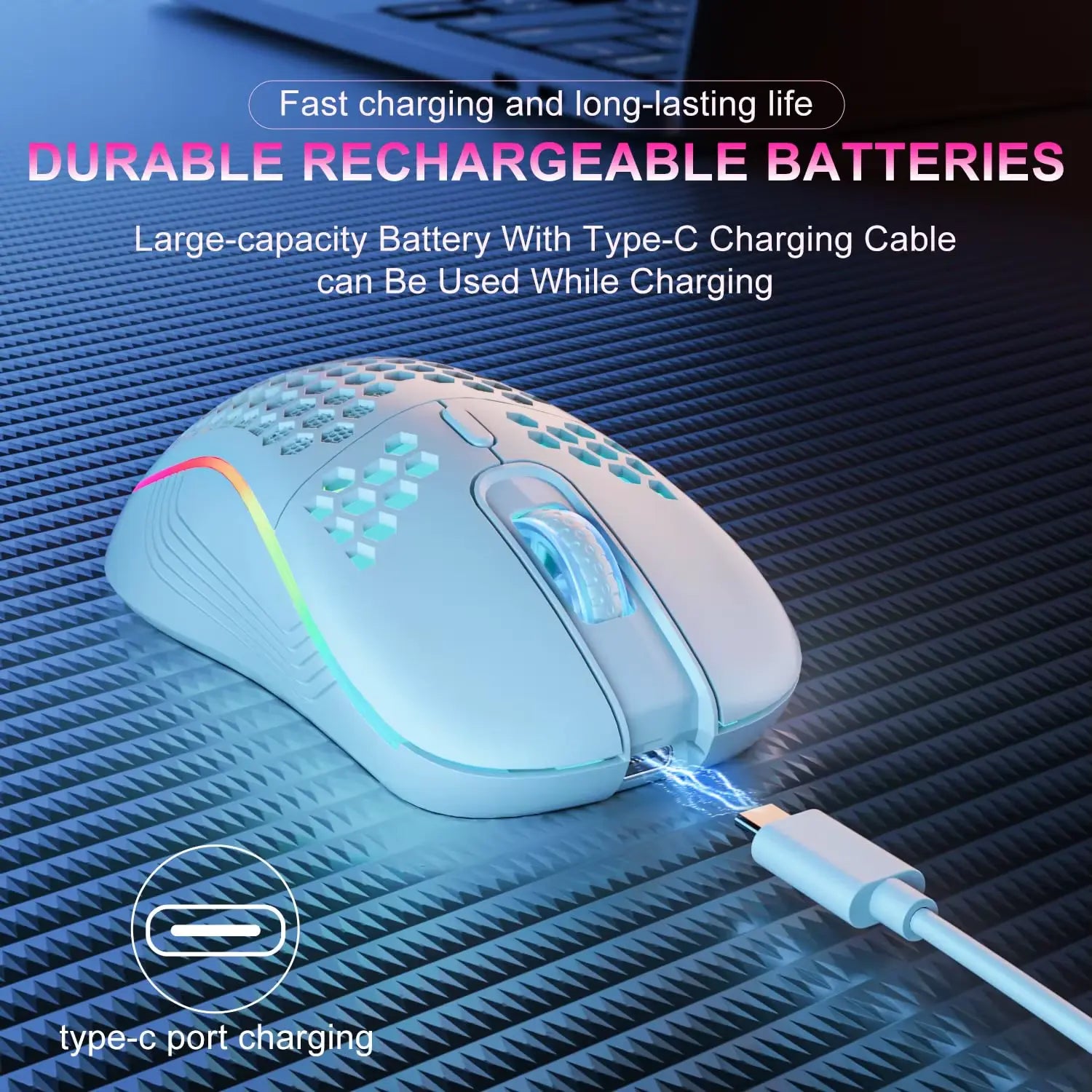 2.4G Wireless Mouse with RGB Backlit 6-Button 3-Speed DPI Type C Rechargeable Ergonomic Honeycomb Design Gaming Mouse SZKOSTON