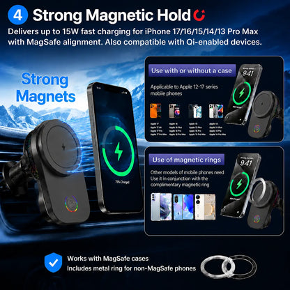 Car-Mounted Rotatable Charging Stand with Air Cooling System, 15W Fast Wireless Car Charger, Suitable for Iphone 17 16 15 14 13 Pro Max plus Mini, Air Vent Car Phone Holder Charger