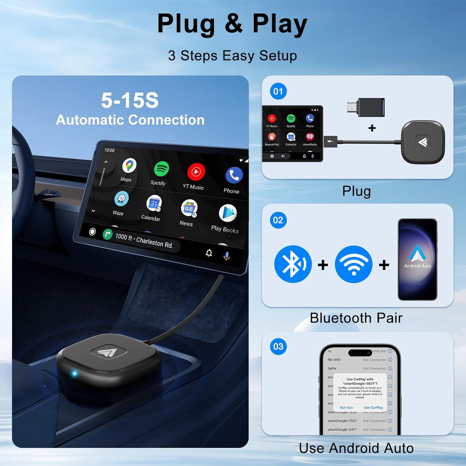 Android Auto Wireless Adapter for Wired Android Auto Cars | Converts Wired to Wireless, Easy Setup Plug & Play, Seamless Connection, Stable and Fast