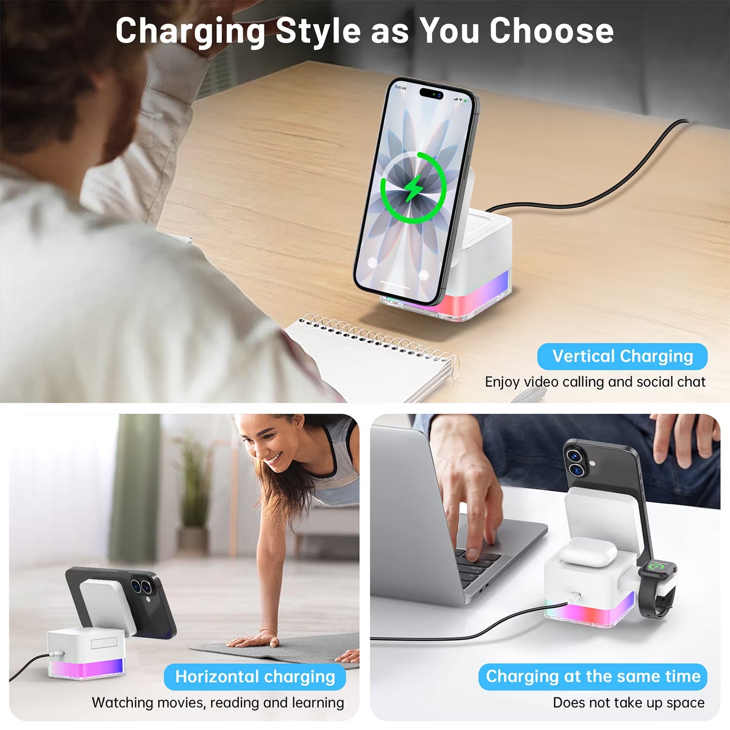 Iphone Wireless Charger,  3 in 1 Cube Wireless Charger Stand, 15W Fast Charging Station, Foldable Wireless Charger for Iphone 16/15/14/13/12 Pro Max, Iwatch S2-10/Ultra, Airpods 2/3/4/Pro