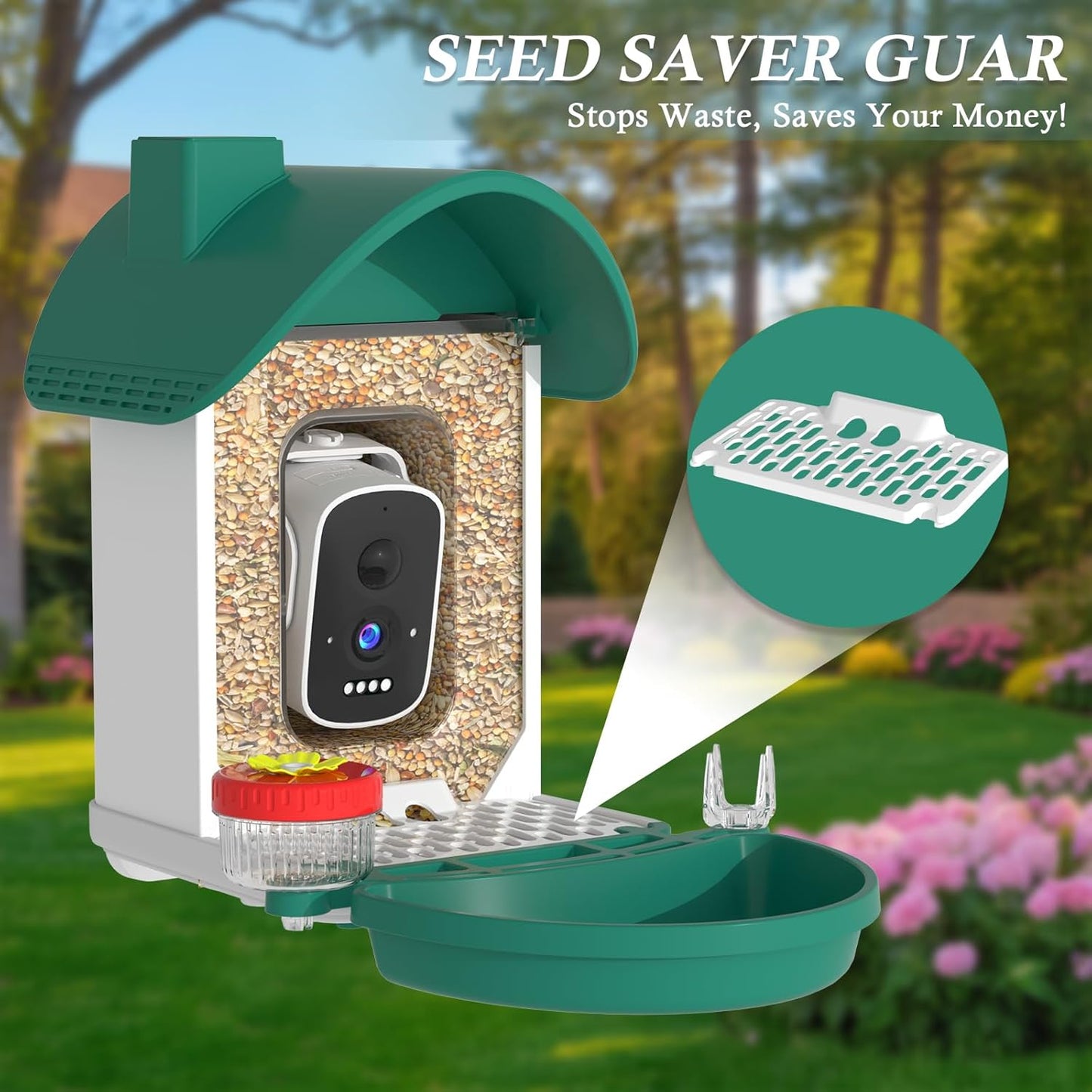 Smart Bird Feeder with Camera, 3K AI Bird Camera & Bath | Solar Powered Wireless Outdoor Bird House with Spill-Proof Net. Backyard Bird Watching Gift Idea for Bird Lovers