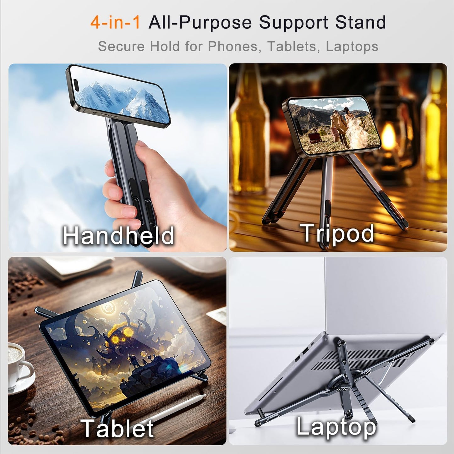 4-In-1 Foldable Laptop Stand, Portable Magnetic Phone Holder | N55 Magnets Magsafe Compatible, Pocket-Sized Tripod Handle for Macbook, Ipad, Travel & Vlog, Adjustable Ergonomic View Mount