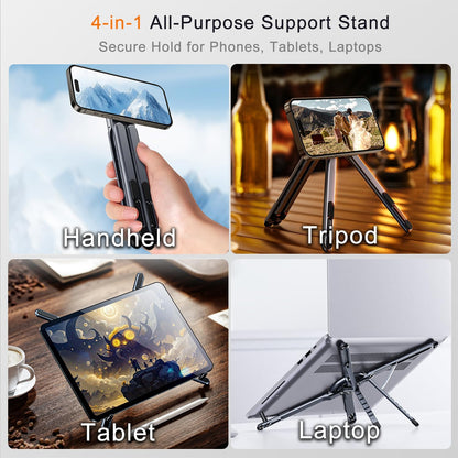 4-In-1 Foldable Laptop Stand, Portable Magnetic Phone Holder | N55 Magnets Magsafe Compatible, Pocket-Sized Tripod Handle for Macbook, Ipad, Travel & Vlog, Adjustable Ergonomic View Mount