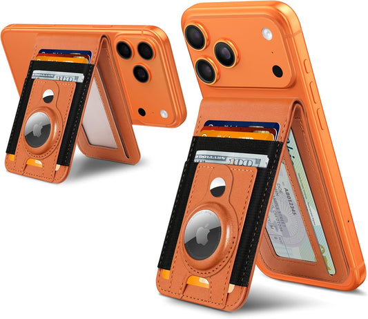 For Magsafe Wallet Stand with Airtag Holder, 10 Cards Holder, RFID Blocking | Strongest Magnetic Wallet for Iphone 17/16/15/14/13/12 Series, ID Window, 4 Card Slots, Vegan Leather, Orange