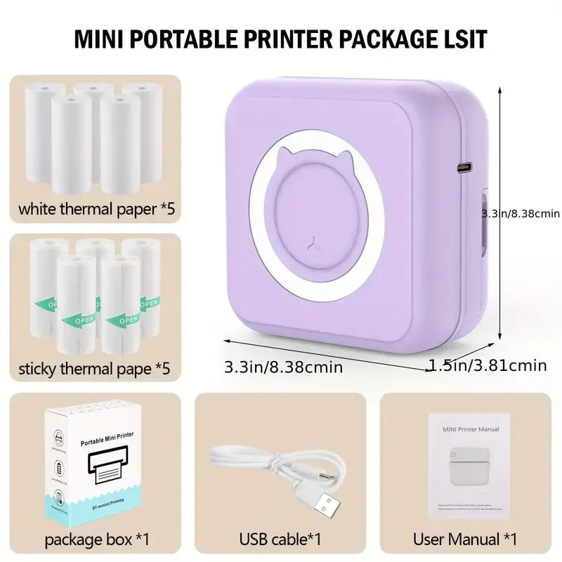 Inkless Mini Thermal Pocket Printer, Wireless Mini Sticker Printer with 10 Rolls Thermal Paper for Ios&Android, Portable Mini Photo Printer for Notes Journal Memo Photo Study
