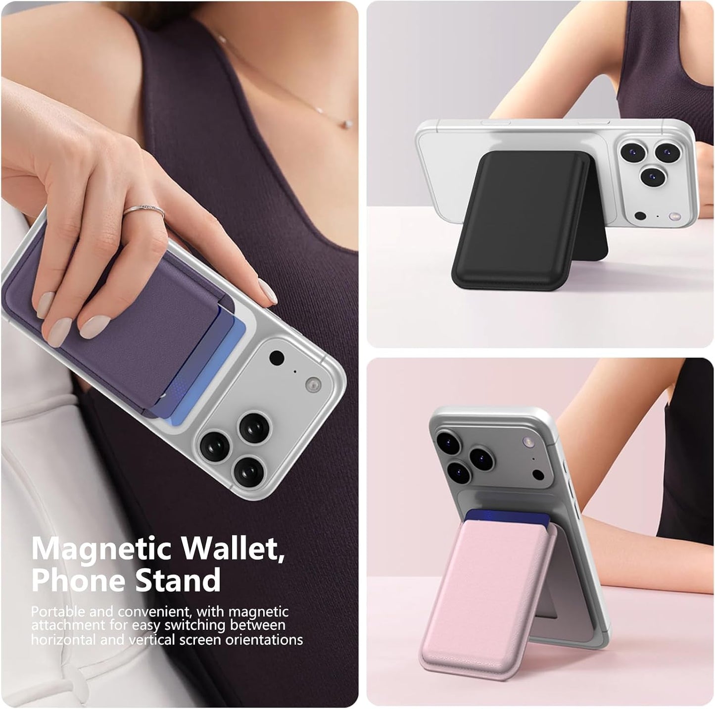 Magsafe Wallet Stand RFID Card Holder Thin Leather with Strong Magnets | Free Magsafe Ring Included,N52 Magnets 3800Gs,Holds 3-4 Cards,Rfid Secure,Ultra-Thin,For Iphone,Samsung,Pixel,Xiaomi