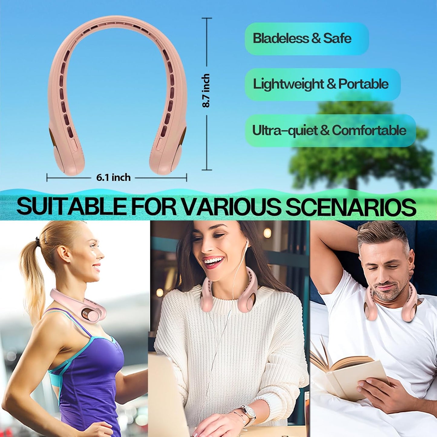 Portable Neck Fan, 4000Mah Rechargeable, 360° Airflow, Hands Free Bladeless Wearable Fan, 2 Pack, Pink