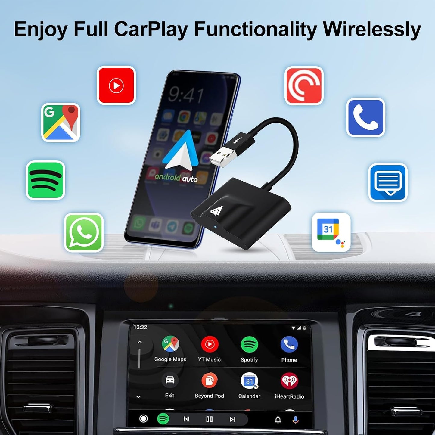 Android Auto Wireless Adapter Compatible with Samsung/Google/Pixel, Etc | Wireless Android Auto Adapter for 2017 Later Car, Convert OEM Wired to Wireless, for Android 11+, Stable Bluetooth Connection