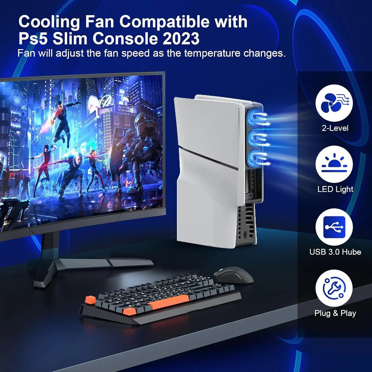 Huijukeji Cooling Fan for PS5 Slim Console, Auto Power On/Off Cooler Fan Accessorie with 2 Speed Fans USB 3.0 Port for Playstation 5 Slim Digital & Discs Edition(Not for PS5/PS5 Pro)