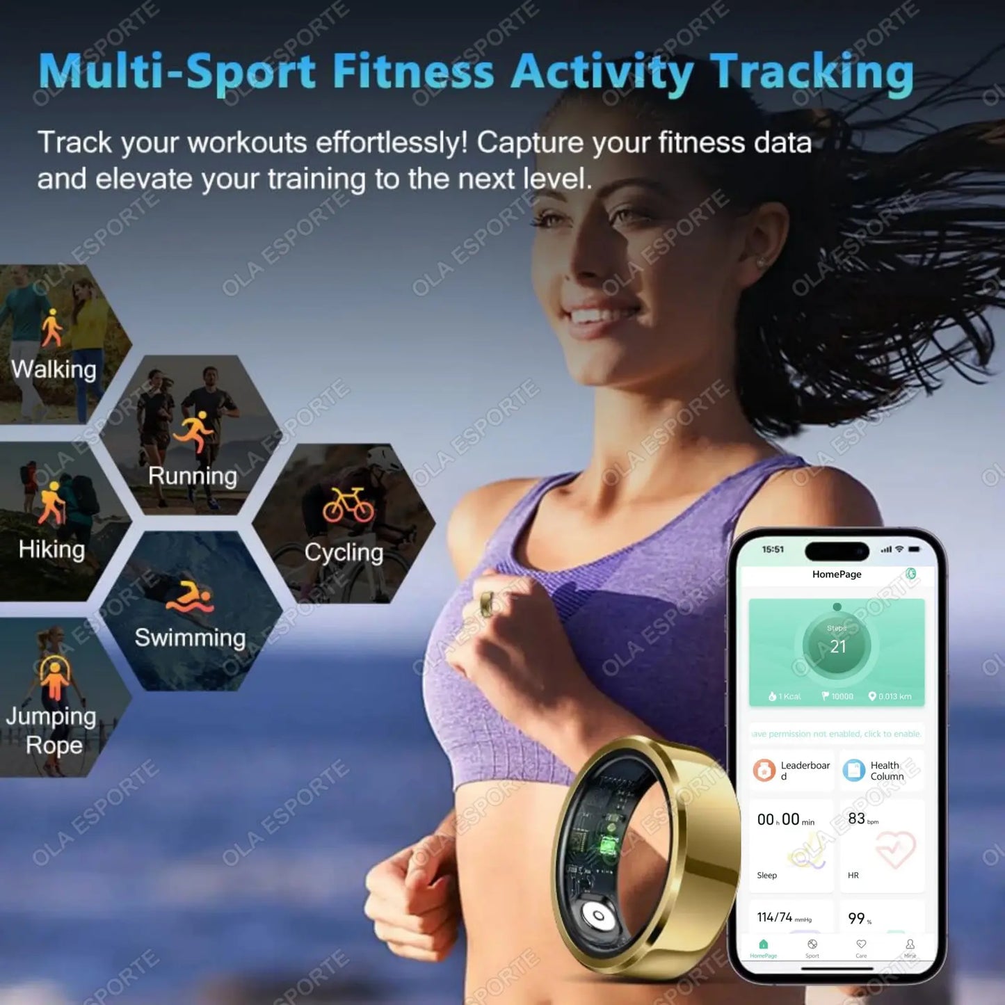 Men Women Smart Health Ring, IP68 Waterproof Heart Rate Blood Pressure Sleep Tracker