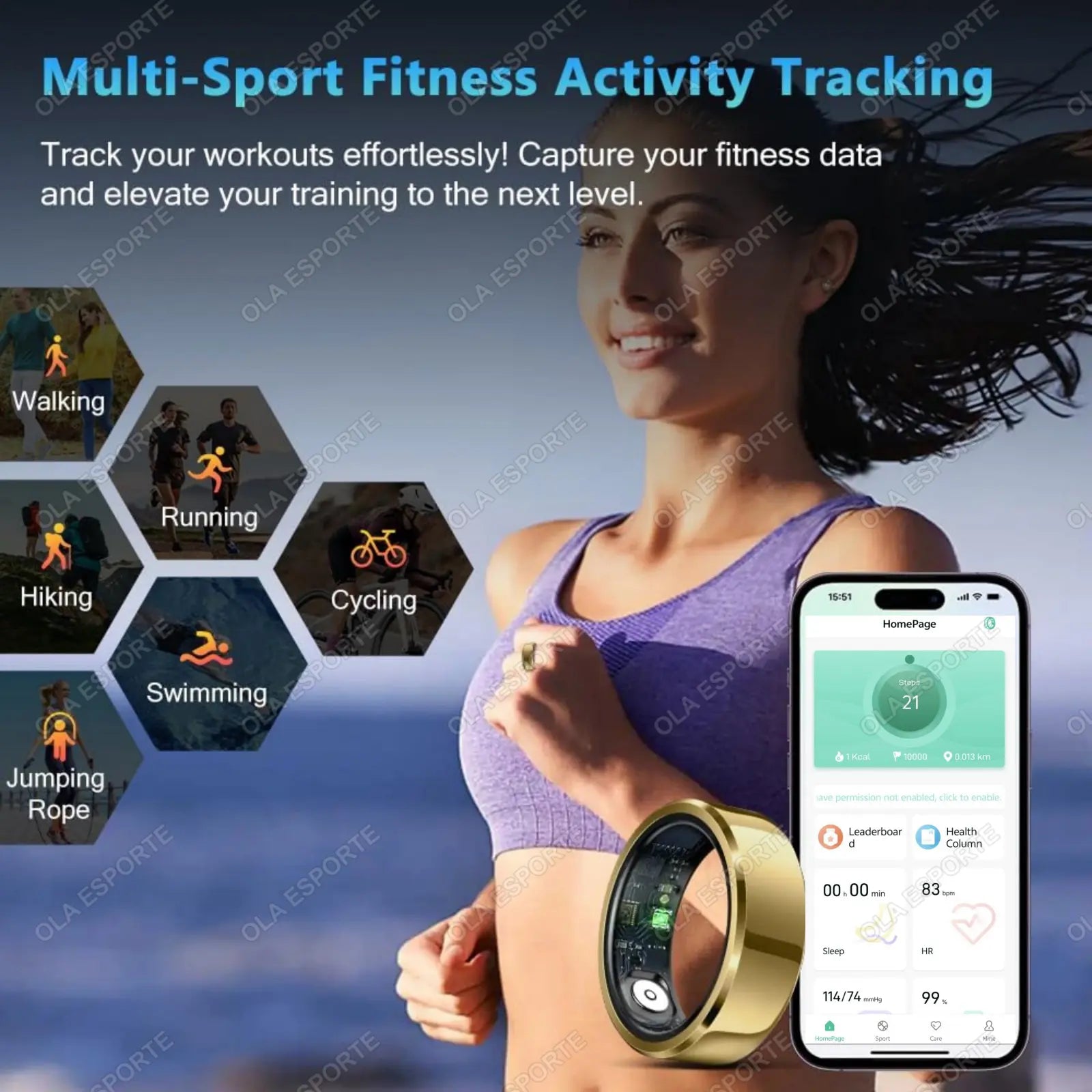 Men Women Smart Health Ring, IP68 Waterproof Heart Rate Blood Pressure Sleep Tracker