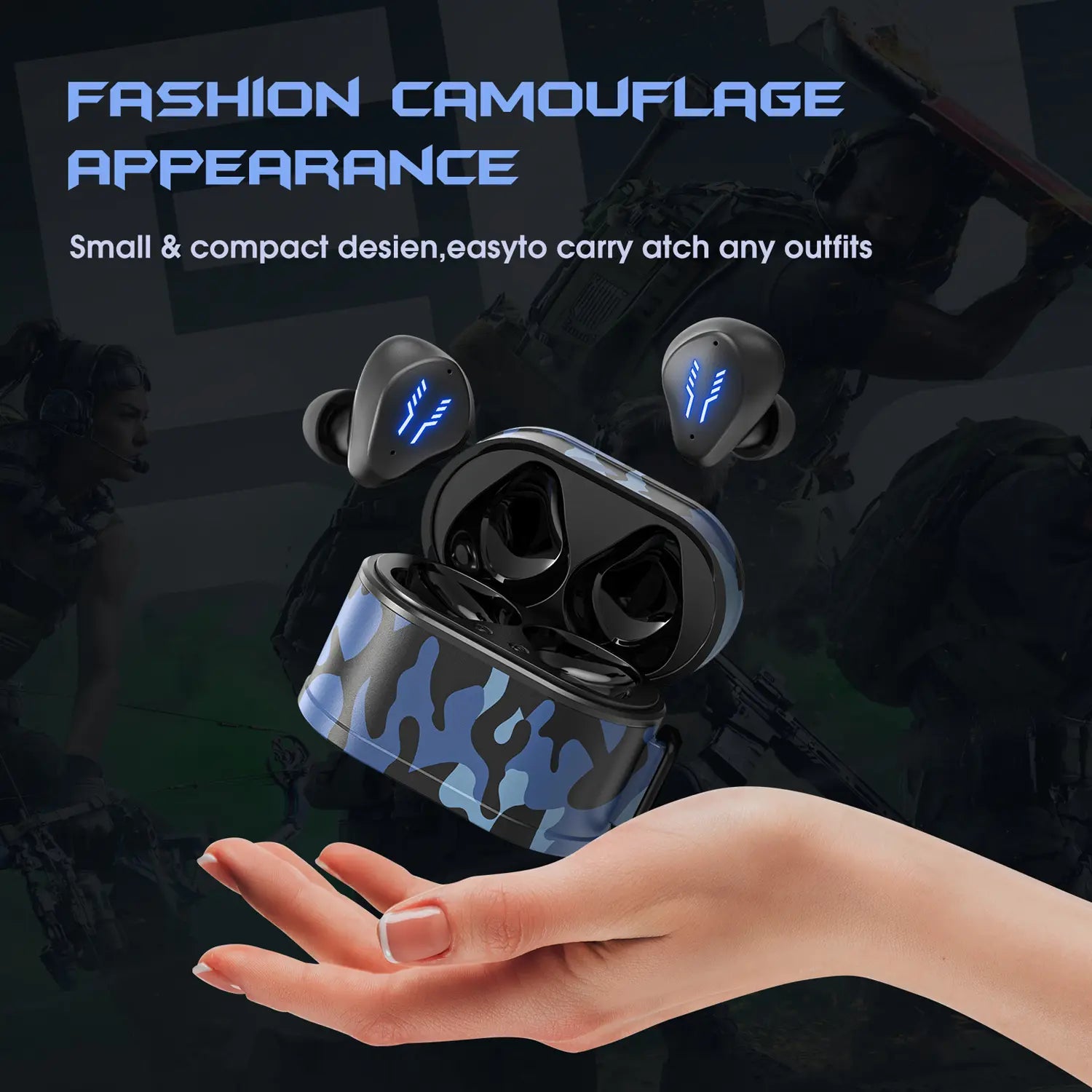Mini Bluetooth Portable True Wireless Earbuds Modern Camo Audio Game Earphones Charging Case