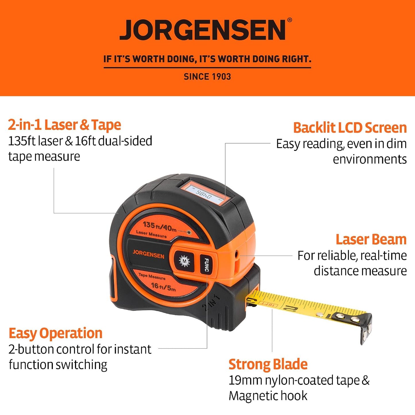 2-In-1 Laser Tape Measure, 135Ft Measuring Laser &16Ft Tape | 16 Ft Tape + 135 Ft Laser;2-In-1 Measurement;Backlit LCD Display;6 Measurement Modes;Magnetic Hook Design