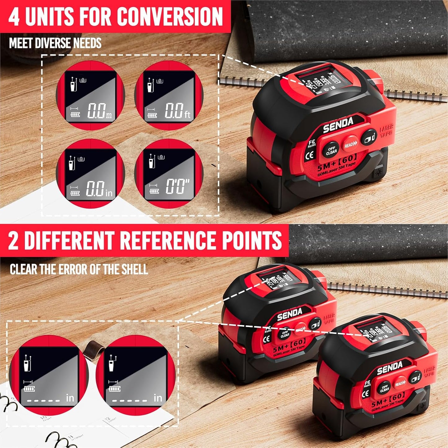 3-In-1 Laser Tape Measure - 197Ft Digital Measuring Tape with Led Display&16Ft Measuring Tool with Magnetic Hook & Auto Lock - Pythagorean, Area, Volume, Ft/Ft+In/In/M Unit, AAA Battery*2, Red