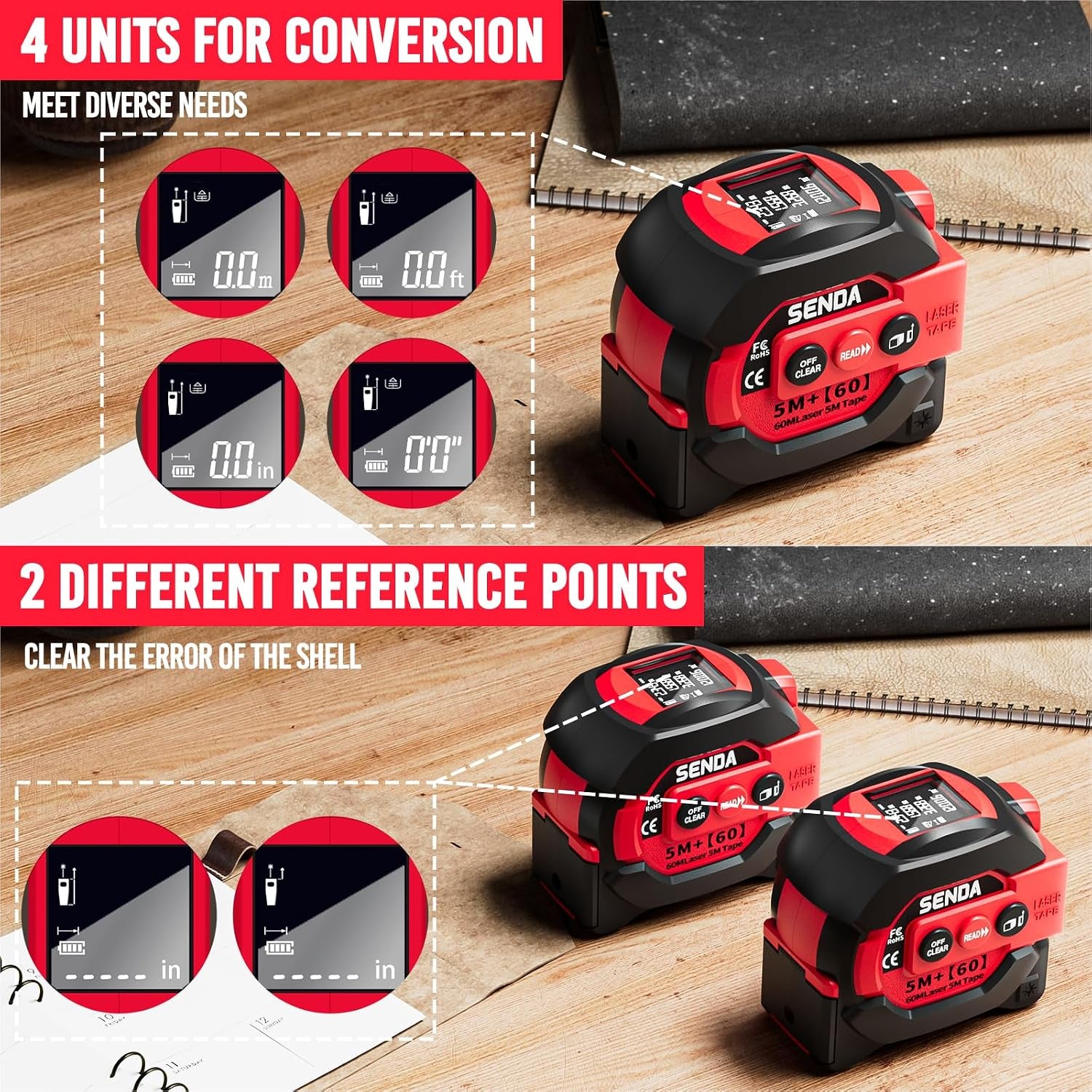 3-In-1 Laser Tape Measure - 197Ft Digital Measuring Tape with Led Display&16Ft Measuring Tool with Magnetic Hook & Auto Lock - Pythagorean, Area, Volume, Ft/Ft+In/In/M Unit, AAA Battery*2, Red