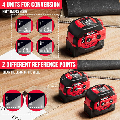 3-In-1 Laser Tape Measure - 197Ft Digital Measuring Tape with Led Display&16Ft Measuring Tool with Magnetic Hook & Auto Lock - Pythagorean, Area, Volume, Ft/Ft+In/In/M Unit, AAA Battery*2, Red