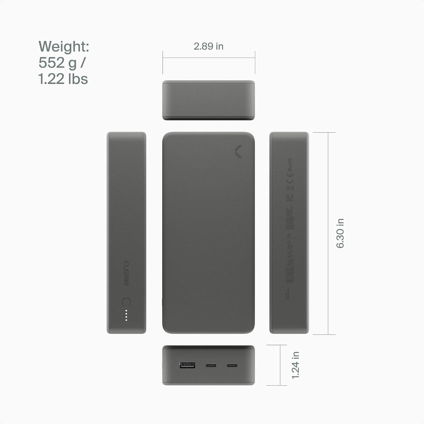 Portable Charger 30000Mah, Power Bank for Iphone, Samsung, Ipad & Laptops, 3 Ports (USB-A + 2× USB-C), Quick Charge & Power Delivery, up to 6 Phone Charges or 1 Laptop Charge, Graphite