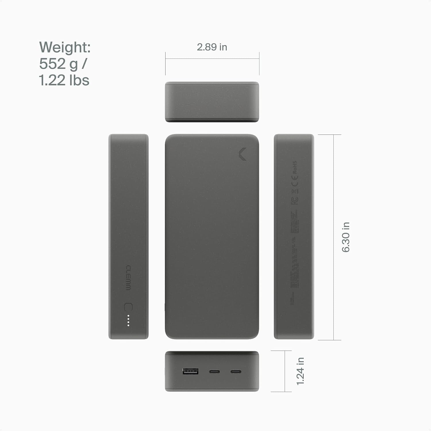 Portable Charger 30000Mah, Power Bank for Iphone, Samsung, Ipad & Laptops, 3 Ports (USB-A + 2× USB-C), Quick Charge & Power Delivery, up to 6 Phone Charges or 1 Laptop Charge, Graphite